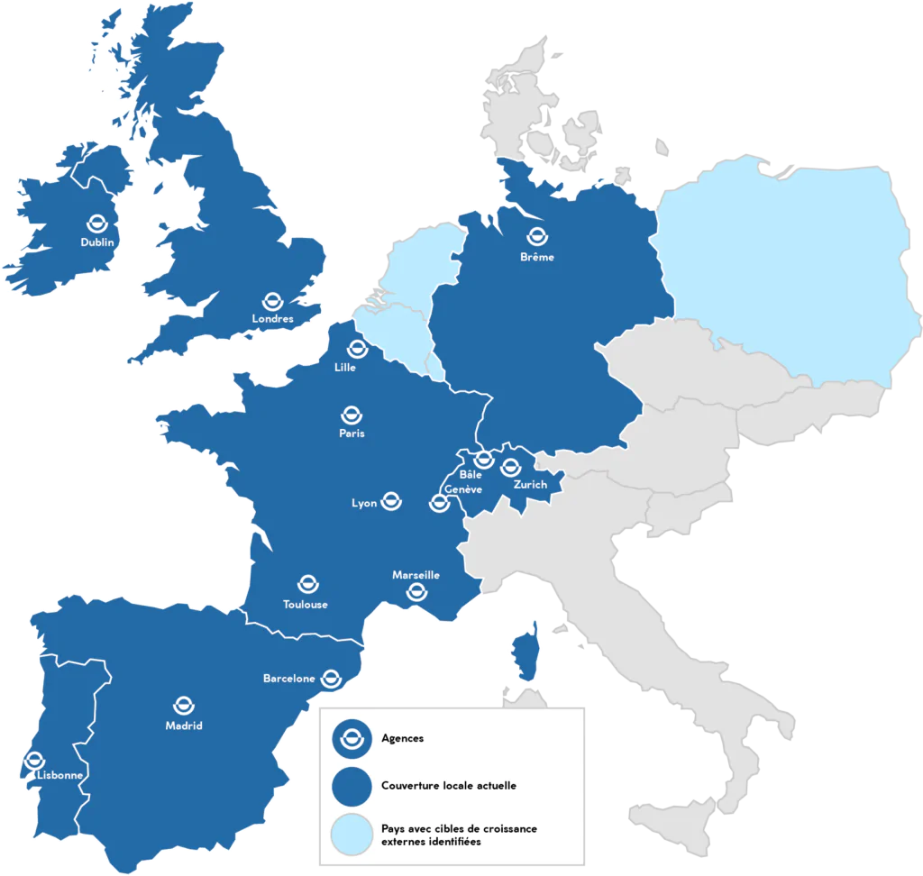 Bild von Karte Europa mit Standorten von GLOBE GROUPE im Jahr 2023.